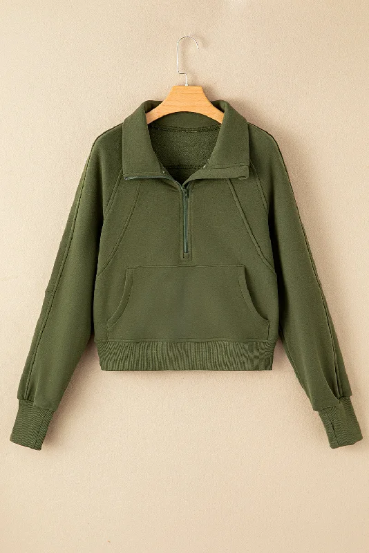 Hunter Green Zip Up Stand Collar Ribbed Thumbhole Sleeve Sweatshirt