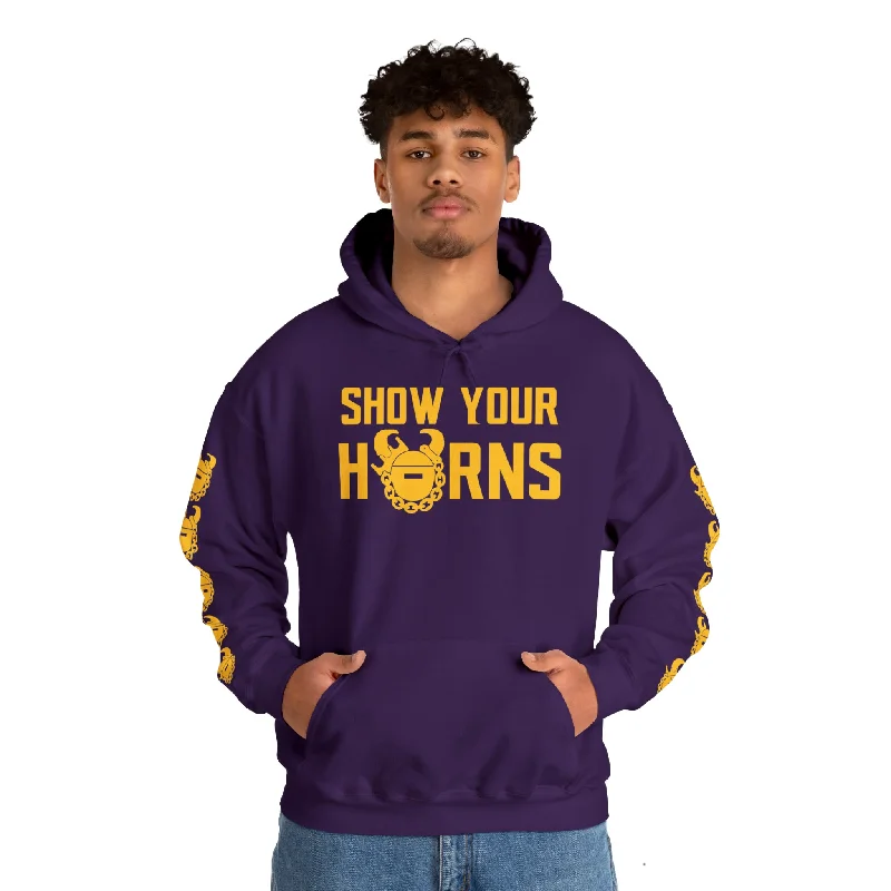 Unisex Heavy Blend™ Hooded Sweatshirt - Show Your Horns + Game Day Helmet (Sleeves)