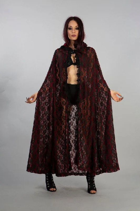 Cherryl Hooded Cape In Black Lace And Red Mesh Lining