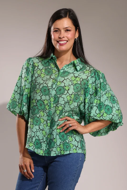 Blouse with puffed sleeve & collar | Multi Greens Floral | 0024A1