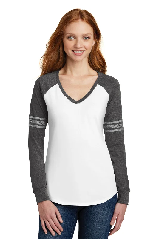 District Womens Game Long Sleeve V-Neck T-Shirt - White/Heather Charcoal Grey/Silver Grey - Closeout