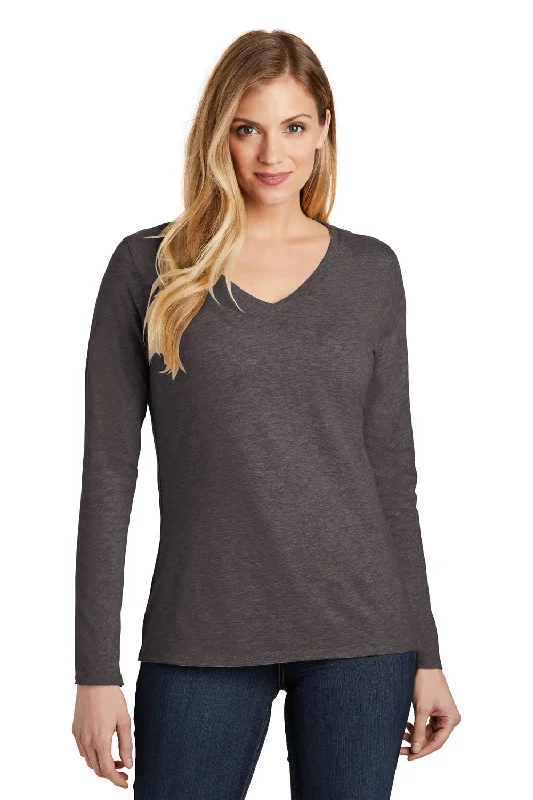 District Womens Very Important Long Sleeve V-Neck T-Shirts - Heather Charcoal Grey