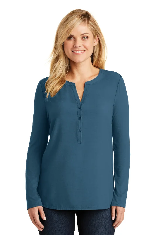 Port Authority Womens Concept Jersey Long Sleeve Henley T-Shirt - Dusty Blue