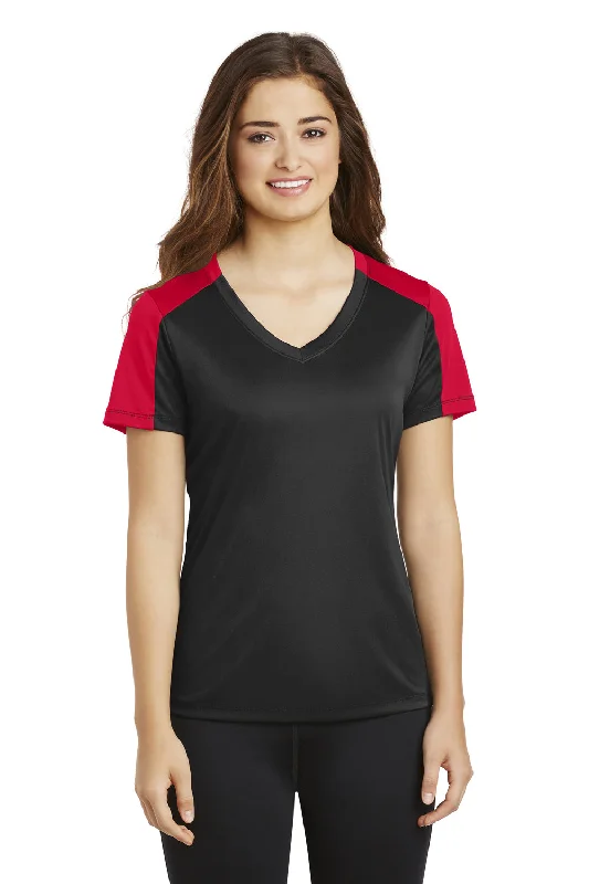 Sport-Tek Womens Competitor Moisture Wicking Short Sleeve V-Neck T-Shirt - Black/True Red - Closeout