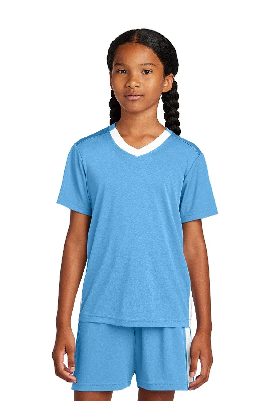 Sport-Tek Youth Moisture Wicking Competitor United Short Sleeve V-Neck T-Shirt - Carolina Blue/White - COMING SOON