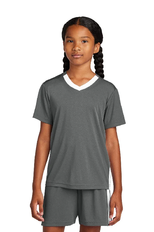 Sport-Tek Youth Moisture Wicking Competitor United Short Sleeve V-Neck T-Shirt - Iron Grey/White - COMING SOON