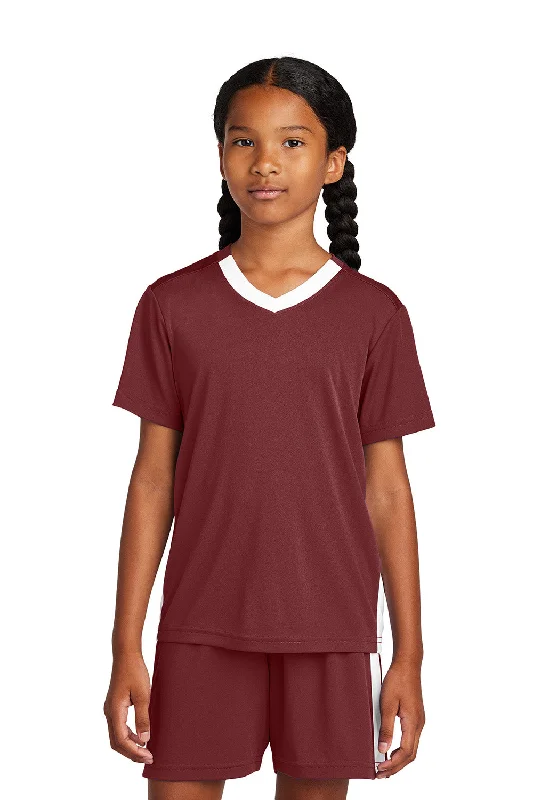 Sport-Tek Youth Moisture Wicking Competitor United Short Sleeve V-Neck T-Shirt - Maroon/White - COMING SOON