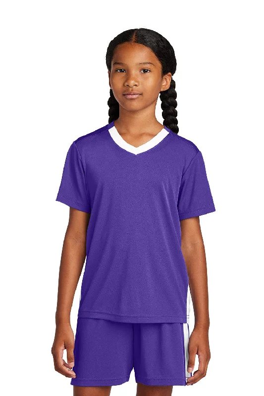 Sport-Tek Youth Moisture Wicking Competitor United Short Sleeve V-Neck T-Shirt - Purple/White - COMING SOON