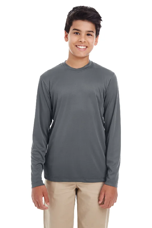 UltraClub Youth Cool & Dry Performance Moisture Wicking Long Sleeve Crewneck T-Shirt - Charcoal Grey