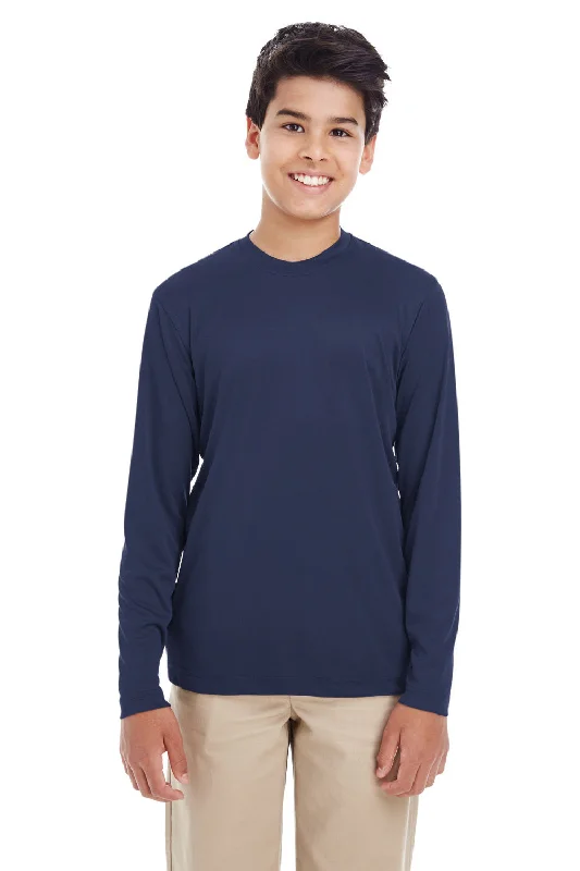 UltraClub Youth Cool & Dry Performance Moisture Wicking Long Sleeve Crewneck T-Shirt - Navy Blue