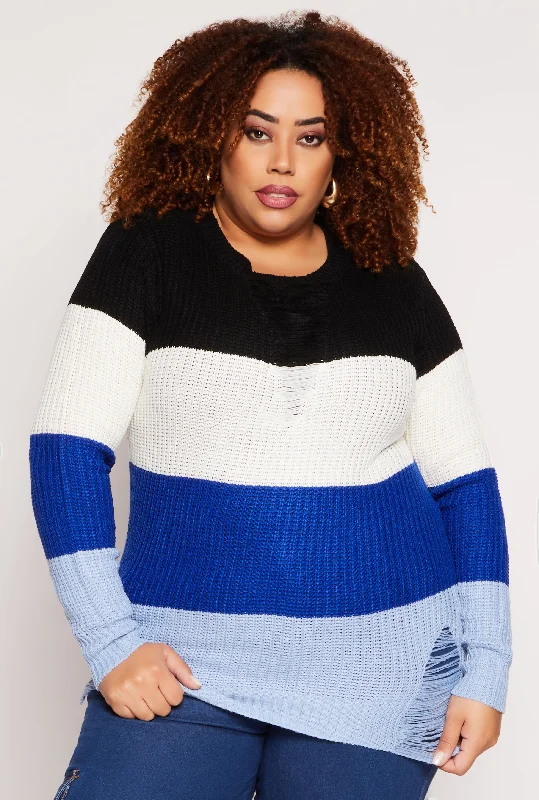 Plus Size Striped Distressed Sweater