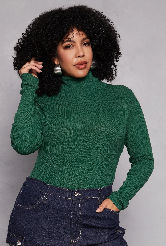 Plus Size Ribbed Knit Turtleneck Pullover Top