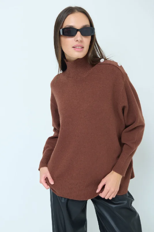 High-neck oversized sweater with embellished shoulder wholesale