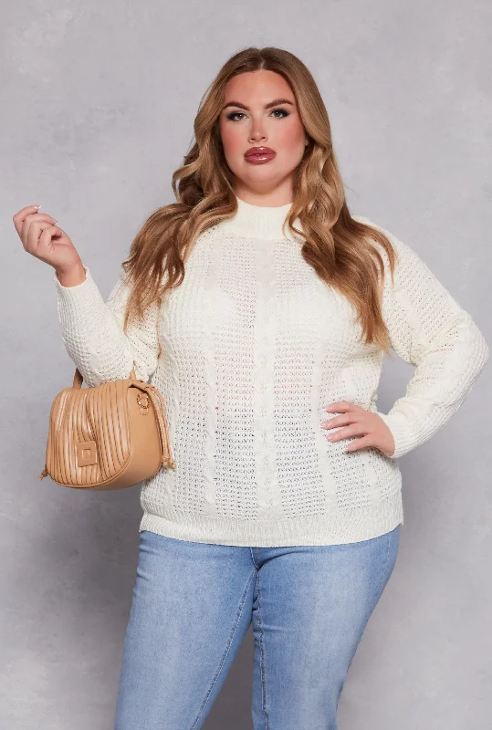 Plus Size Cable Knit Mock Neck Sweater