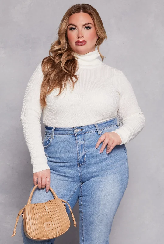 Plus Size Ribbed Knit Pullover Turtleneck Sweater