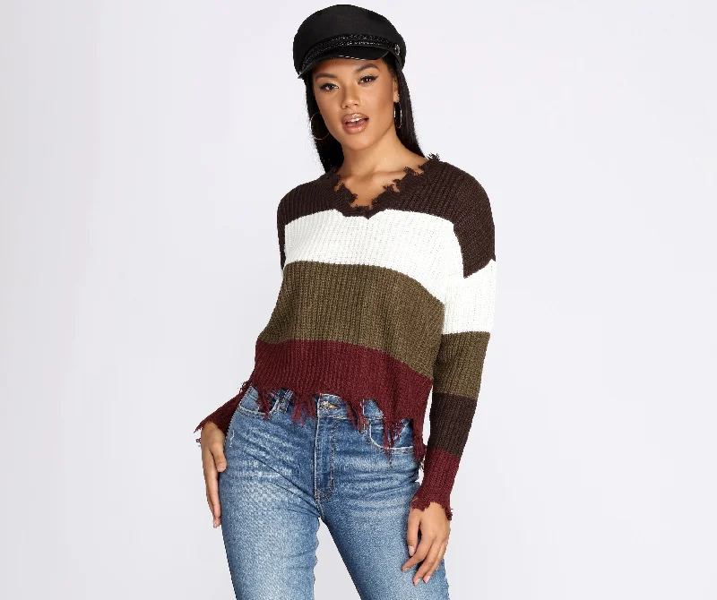 Tattered Color-Block Pullover