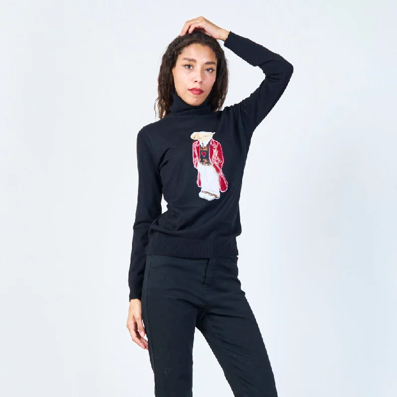 Turtleneck sweater with embroidered bear design wholesale