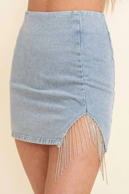 Dance With Me Rhinestone Fringe Pencil Skirt In Light Denim