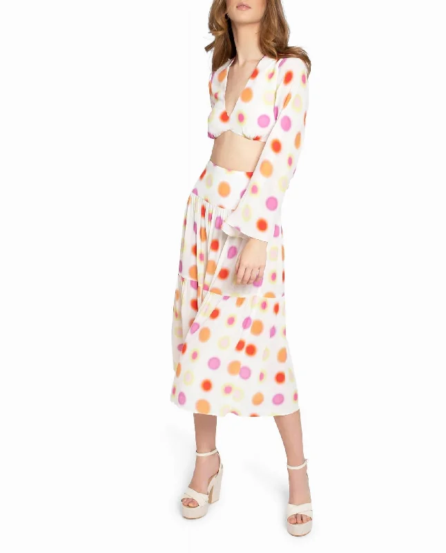 Radiant Aura Silk Midi Skirt In White Aura Dot