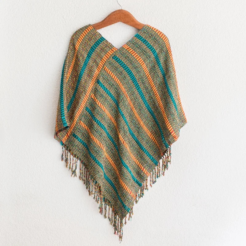 Beach Stripes Handwoven Striped Cotton Poncho from Guatemala