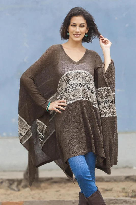 Brown Inca Woven Dark Brown Poncho with Stripe from Peru