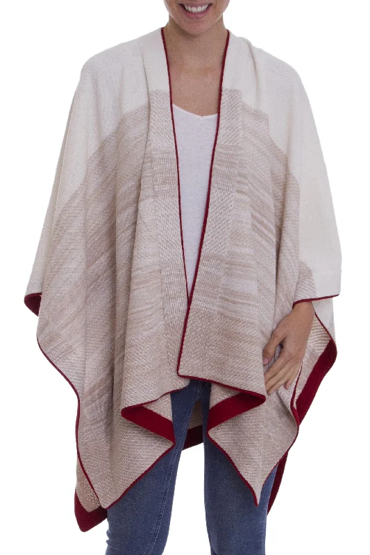 Light of the Desert White and Beige 100% Baby Alpaca Knit Ruana with Red Borders