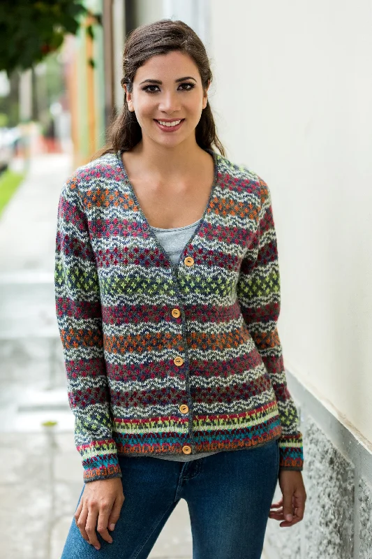 Rainbow Mist V-neck Alpaca Cardigan with Cedar Buttons