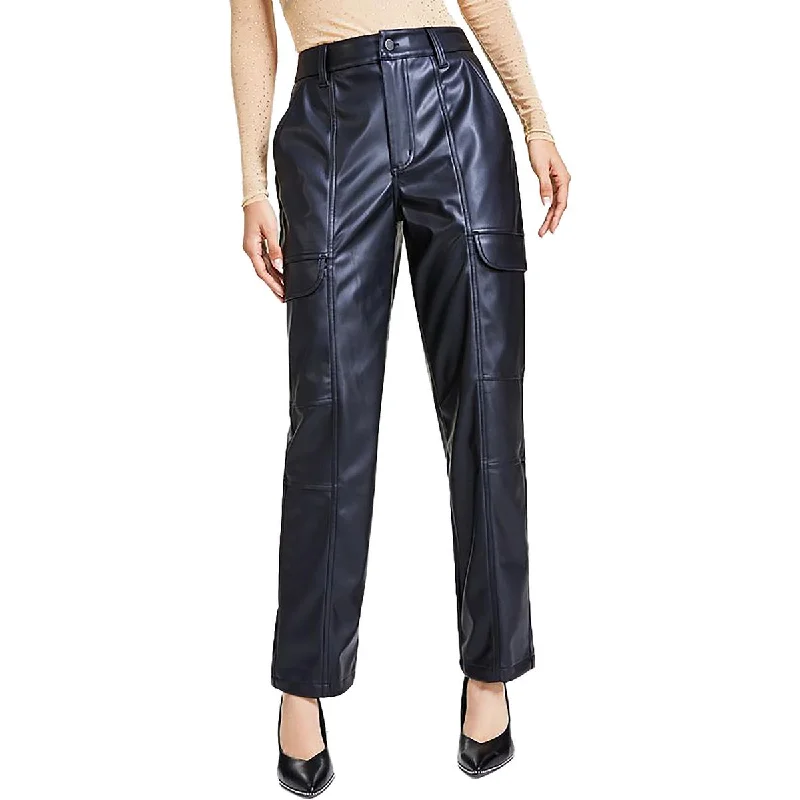 Petites Womens High Rise Faux Leather Cargo Pants